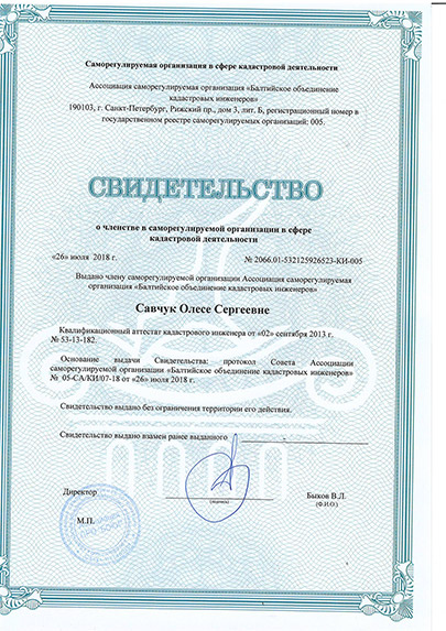 Свидетельство СРО кадастрового инженера Савчук Олеси Сергеевны